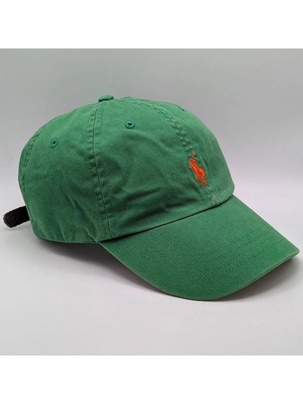 Vintage Polo Ralph Lauren Green Orange Pony Logo Leather Strap Back Hat Cap Y2K